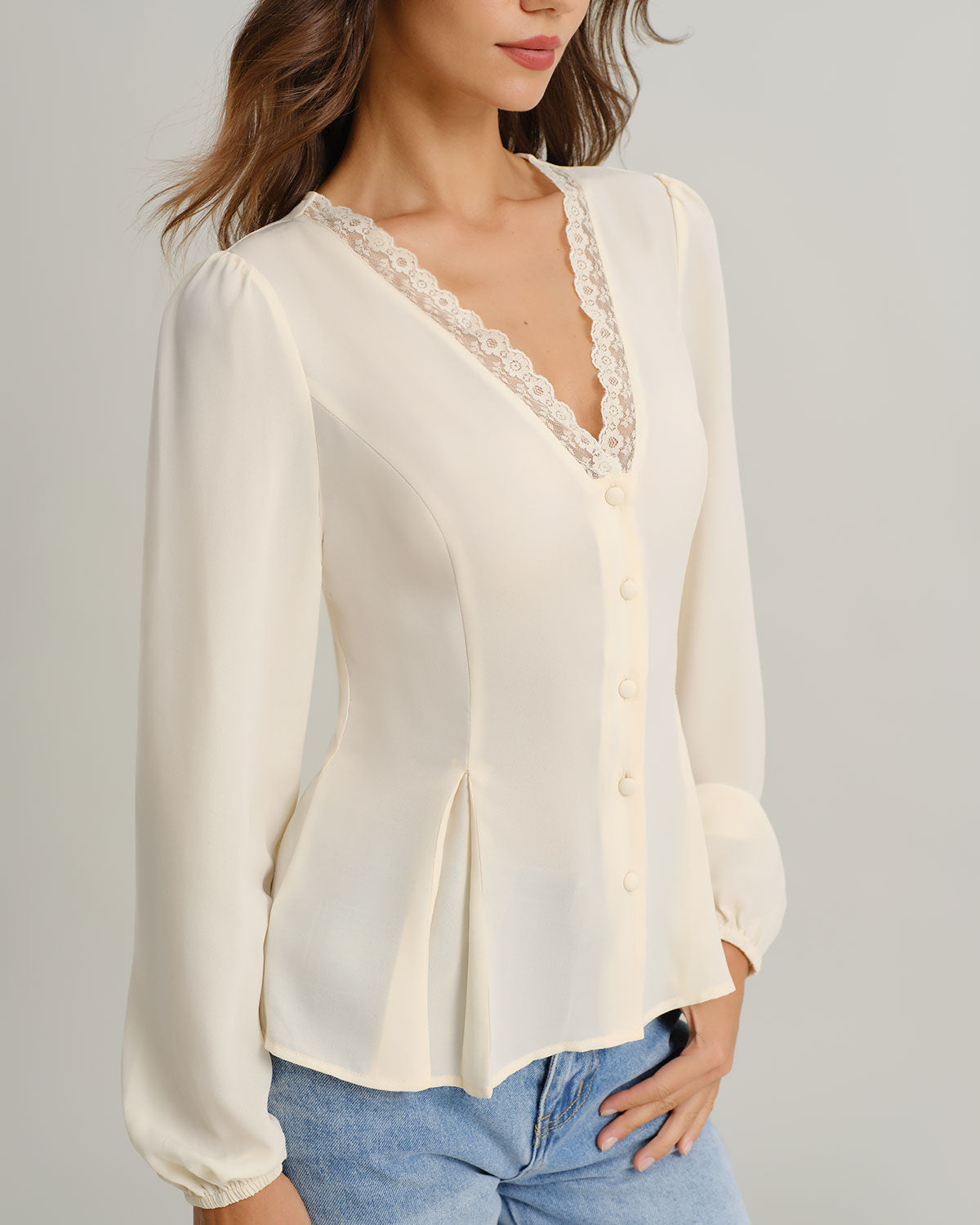 Apricot Lace Blouse with V-Neck and Lantern Sleeves