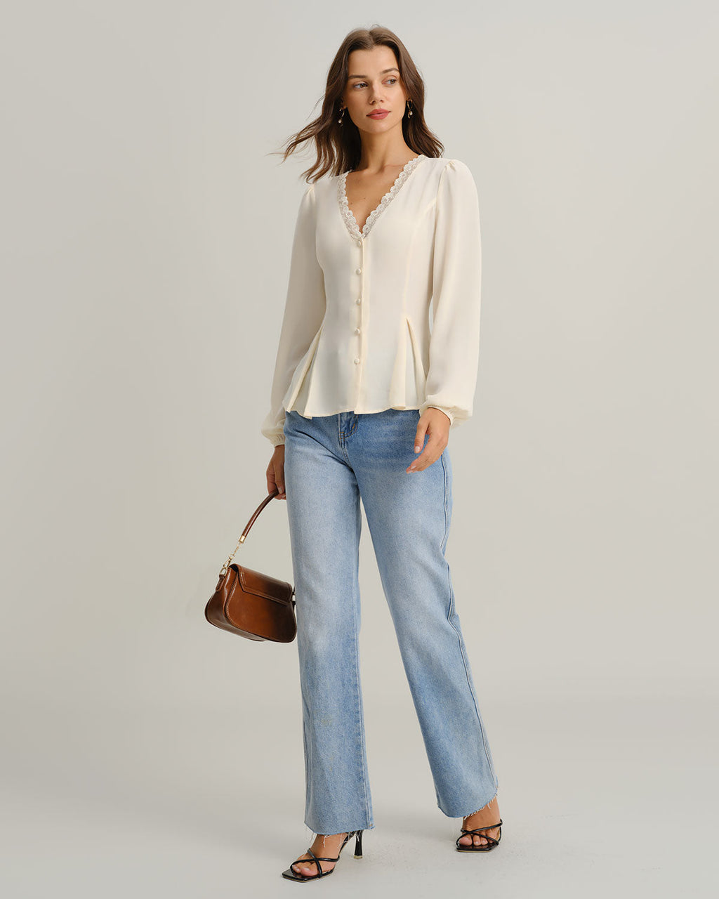 Apricot Lace Blouse with V-Neck and Lantern Sleeves