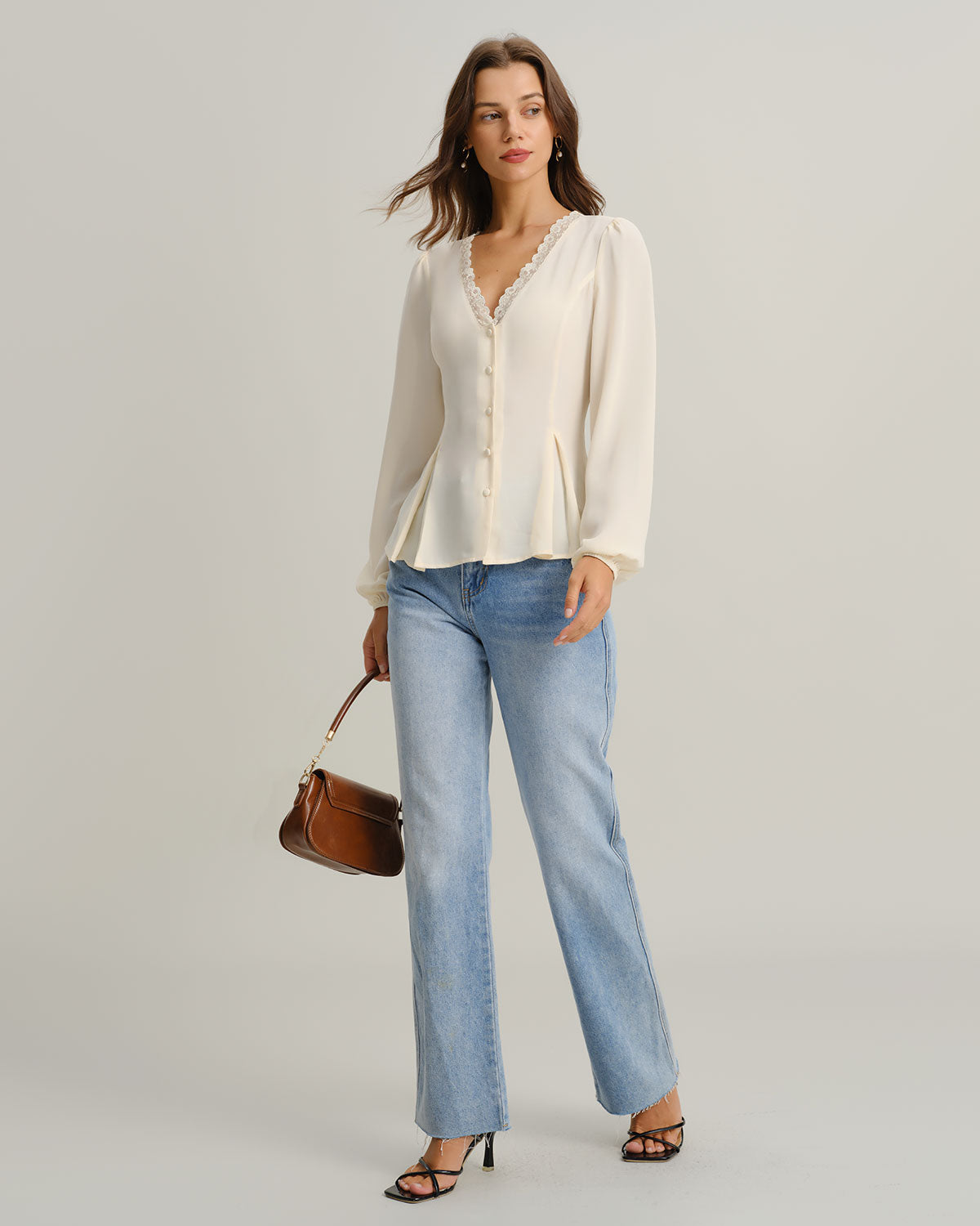 Apricot Lace Blouse with V-Neck and Lantern Sleeves
