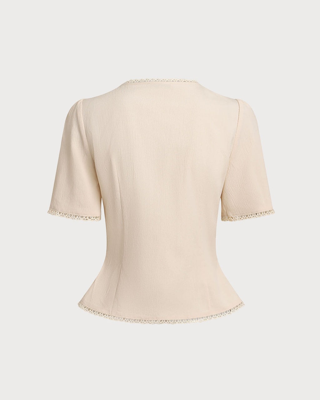 Beige Pleated Button-Up Blouse with V-Neck
