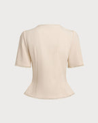 Beige Pleated Button-Up Blouse with V-Neck