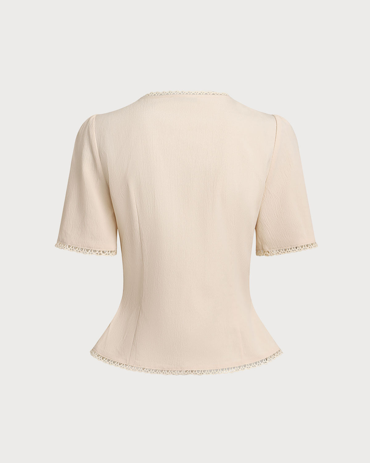 Beige Pleated Button-Up Blouse with V-Neck