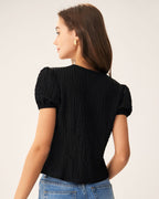 Black Lace Jacquard Button-Up Blouse