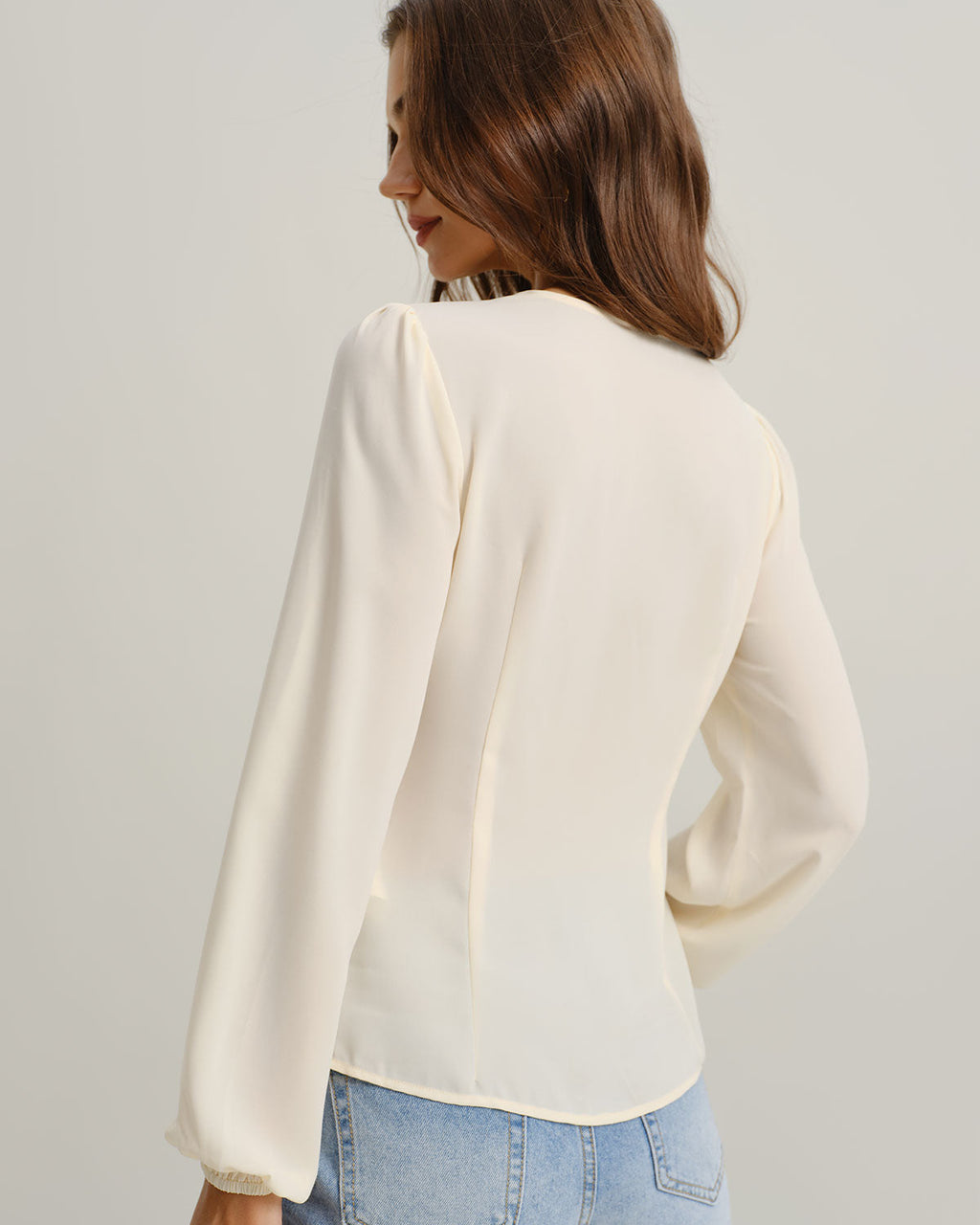 Apricot Lace Blouse with V-Neck and Lantern Sleeves