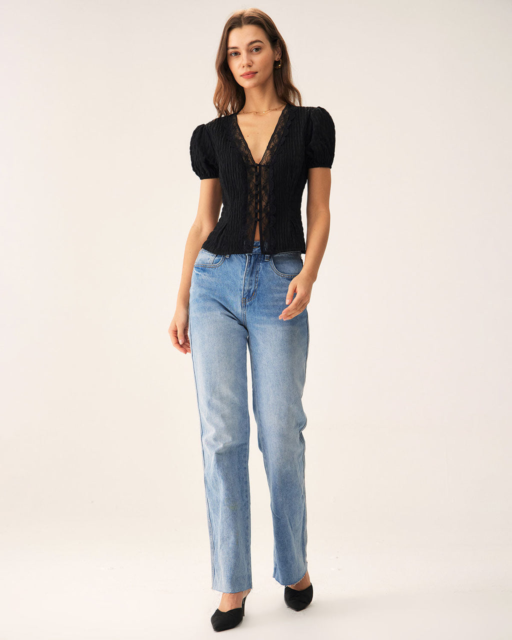 Black Lace Jacquard Button-Up Blouse