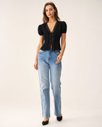 Black Lace Jacquard Button-Up Blouse