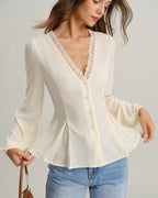 Apricot Lace Blouse with V-Neck and Lantern Sleeves