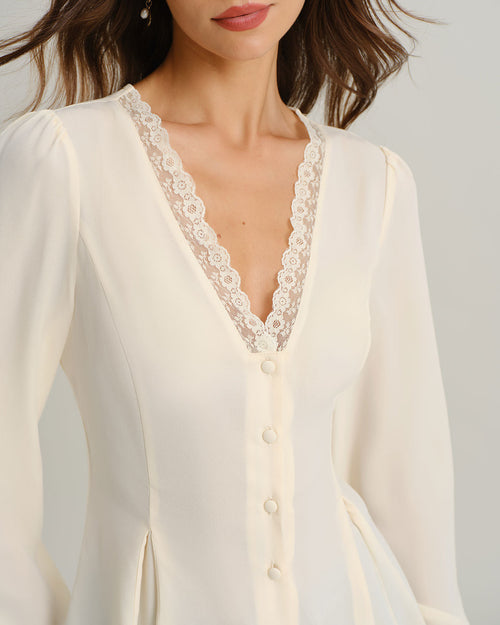 Apricot Lace Blouse with V-Neck and Lantern Sleeves