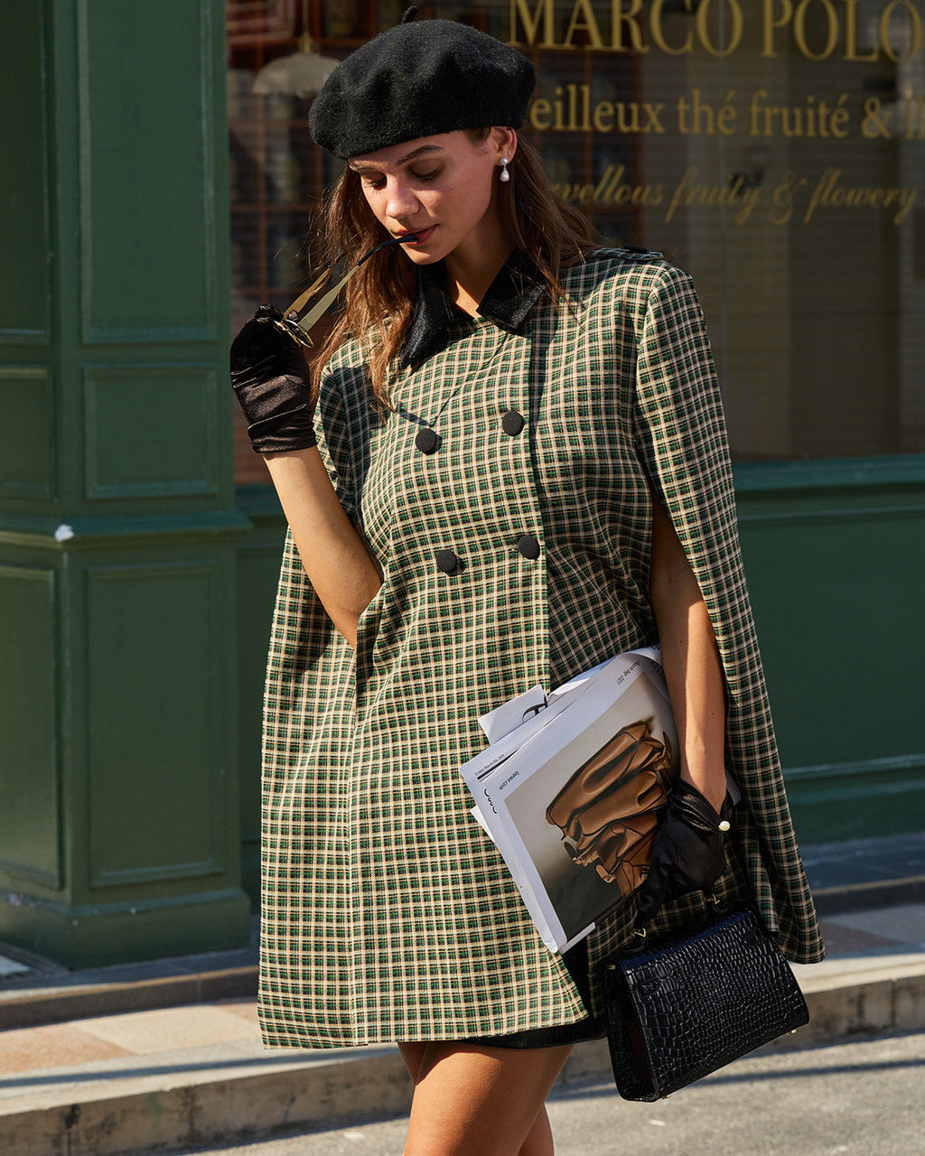 Plaid Green Cape Sleeve Coat