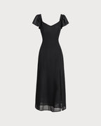Chiffon Maxi Dress with Black Sweetheart Neckline