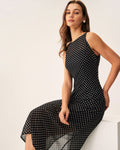 Black Midi Dress with Polka Dot Boat Neck