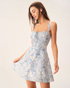 Floral Blue Ruched Corset Mini Dress