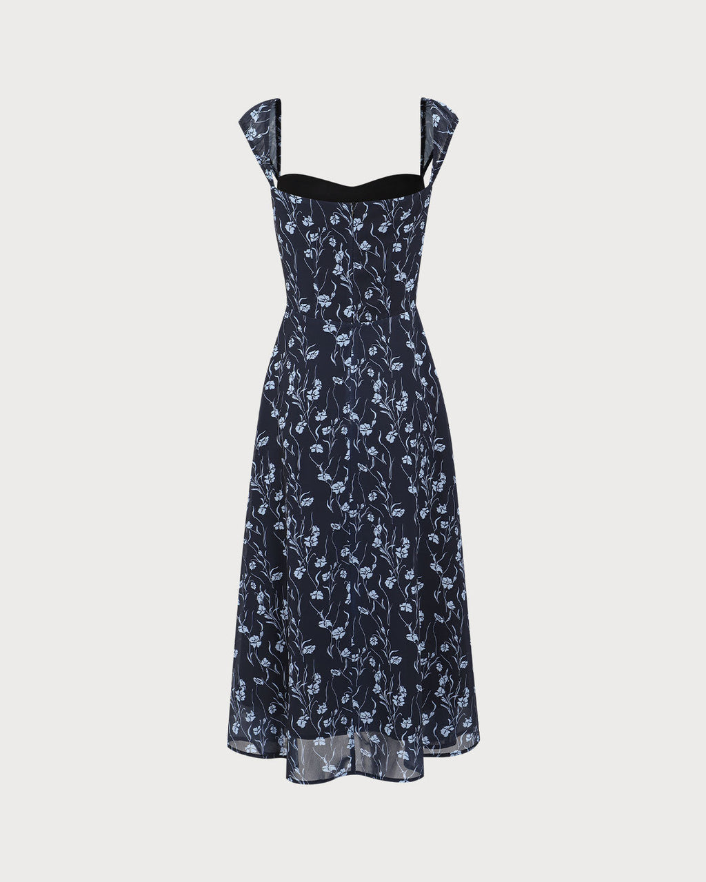 Navy Floral Midi Dress with Sweetheart Neckline