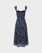 Navy Floral Midi Dress with Sweetheart Neckline