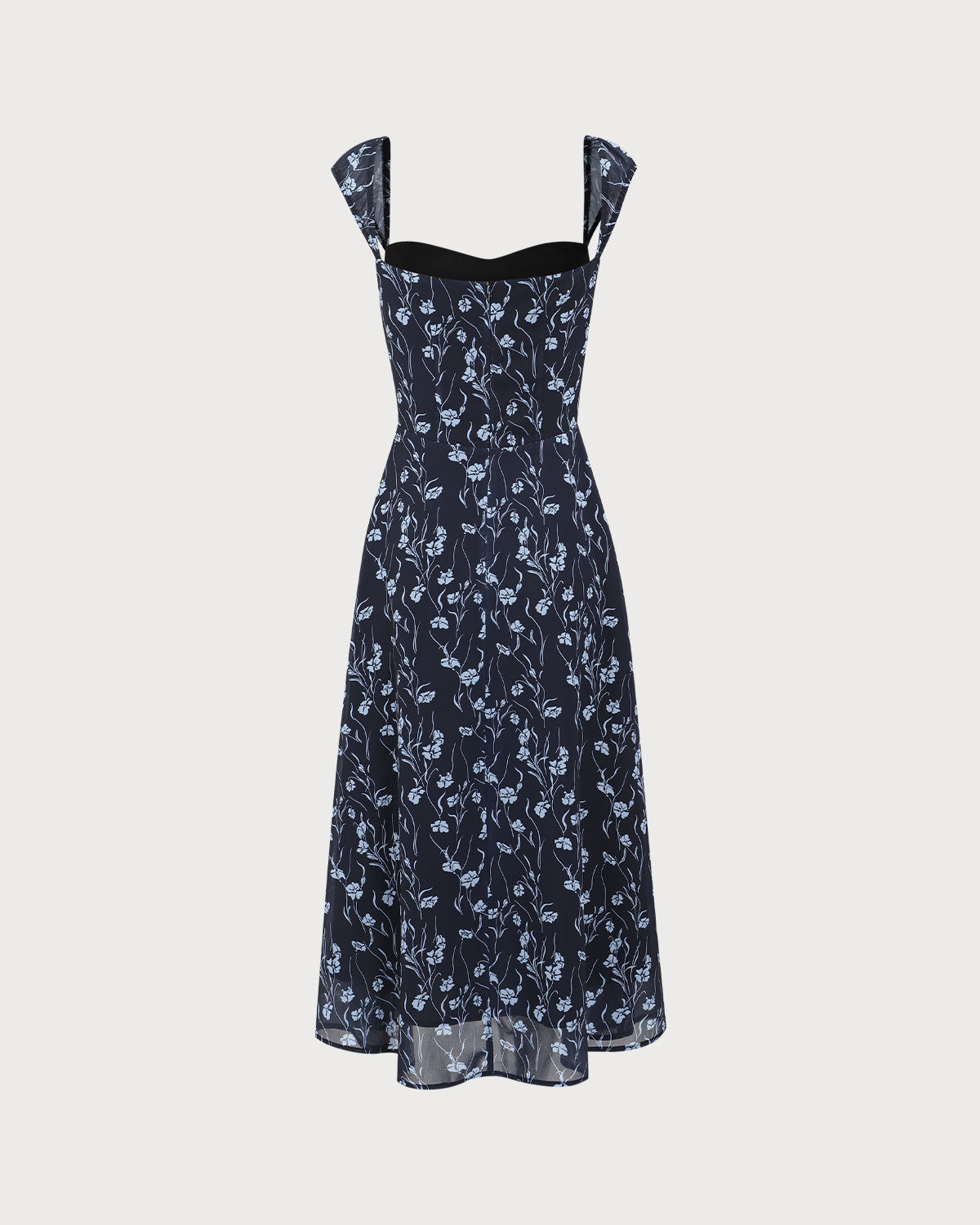 Navy Floral Midi Dress with Sweetheart Neckline