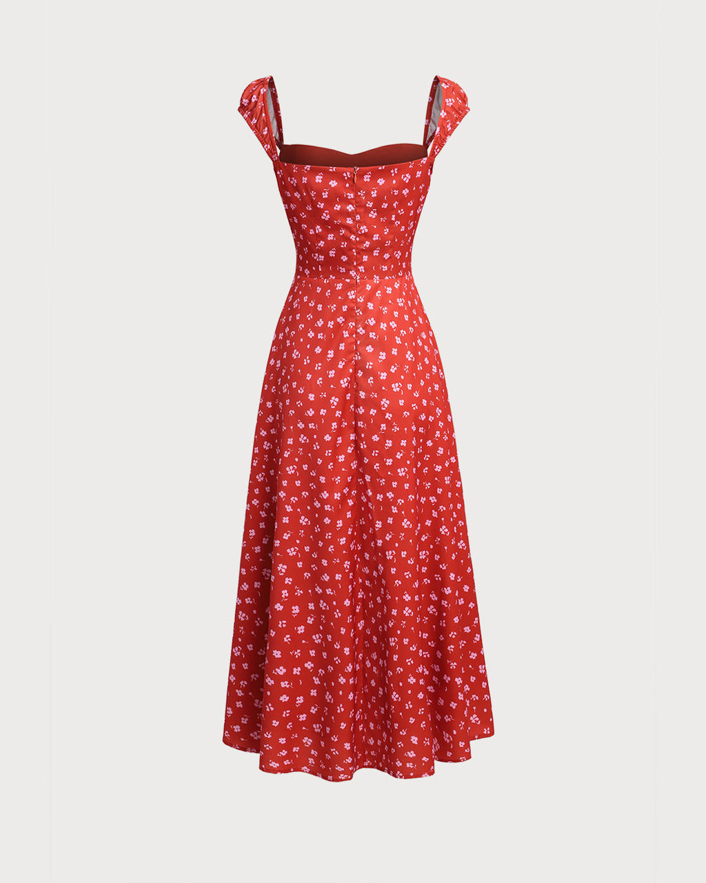 Red Floral Midi Dress with Sweetheart Neckline and Cap Sleeves