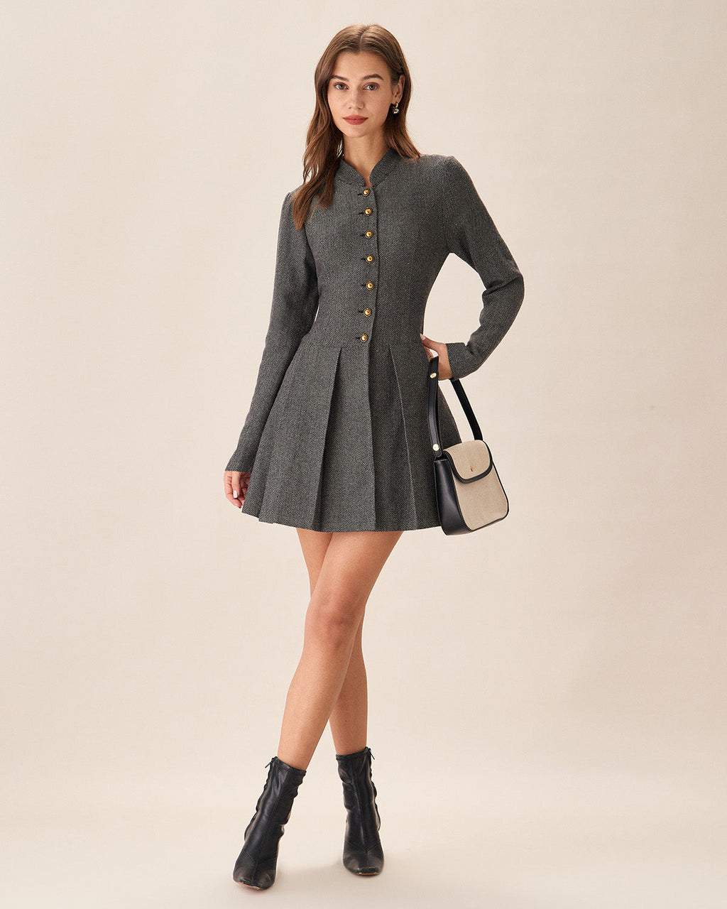 Charcoal Button-Detail Pleated Mini Dress