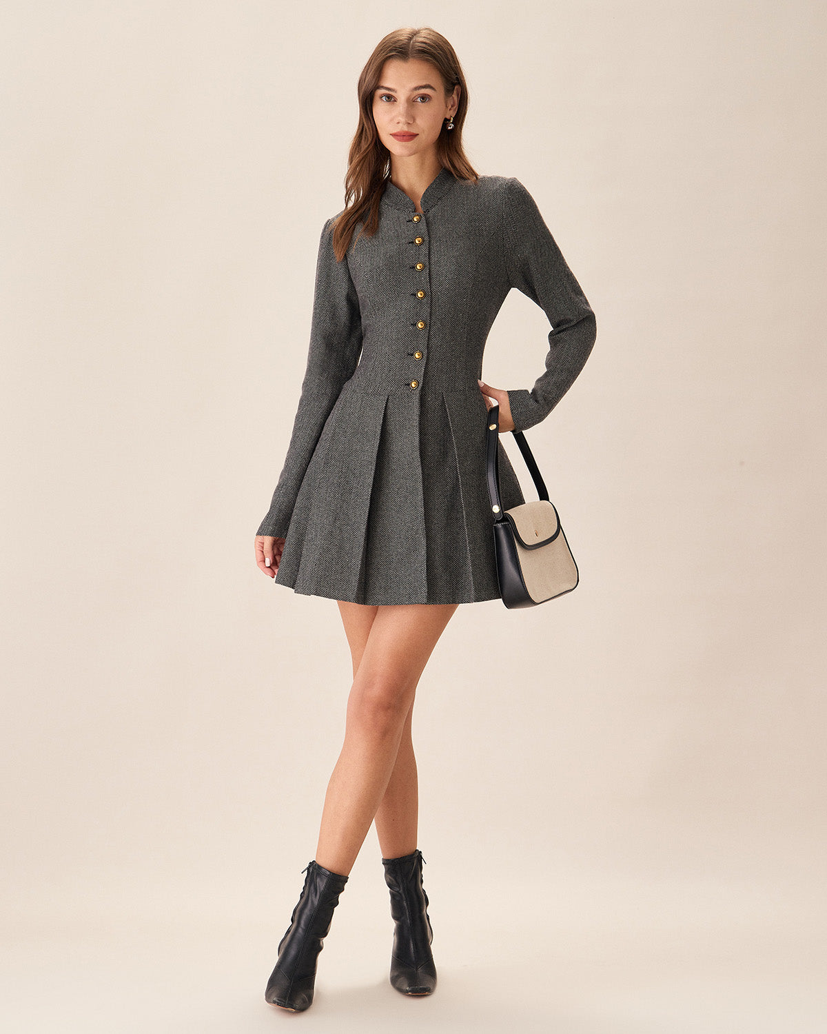 Charcoal Button-Detail Pleated Mini Dress