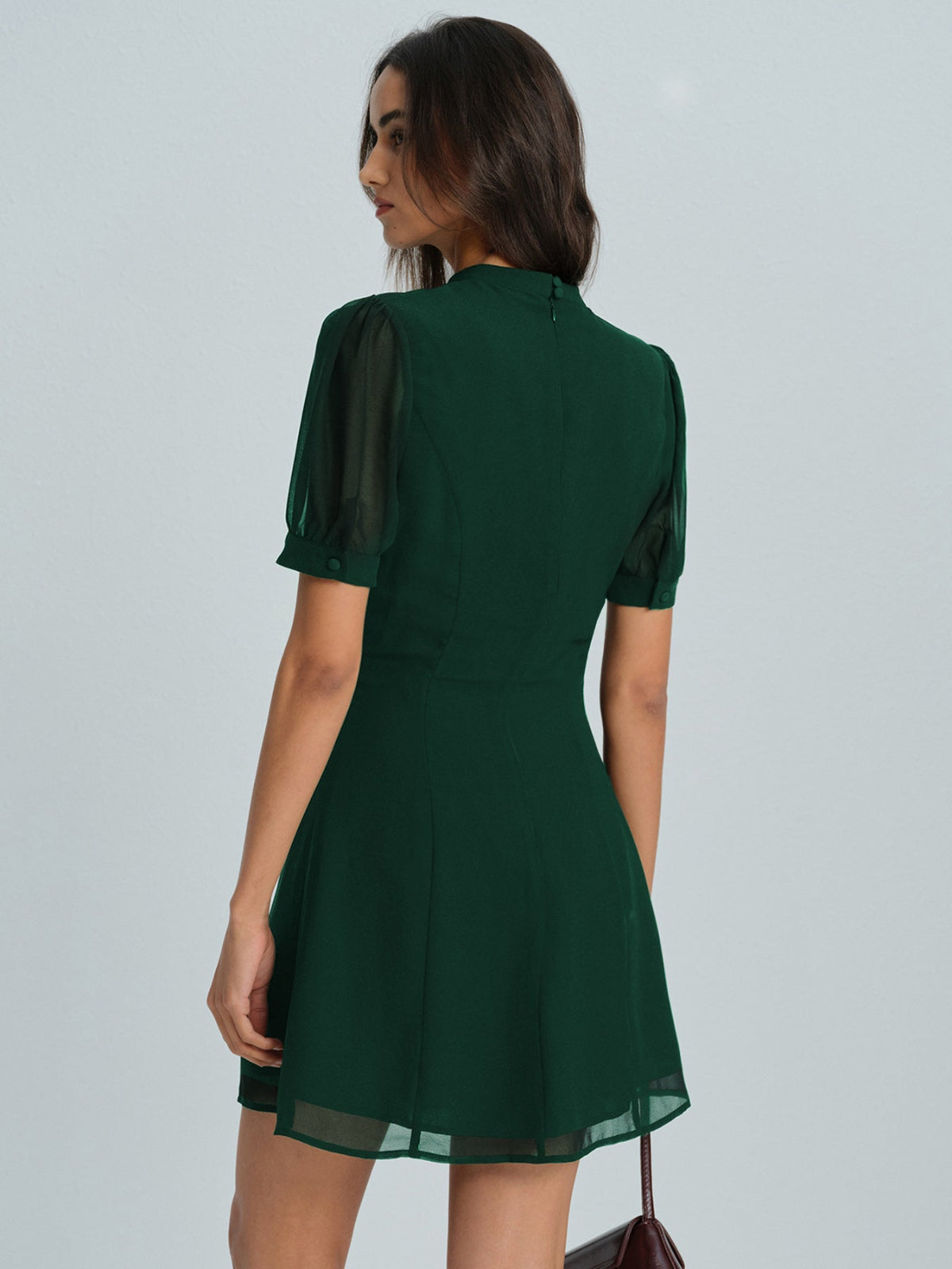 Emerald Chiffon Mock Neck Mini Dress