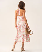 Floral Print Pink Halter Midi Dress