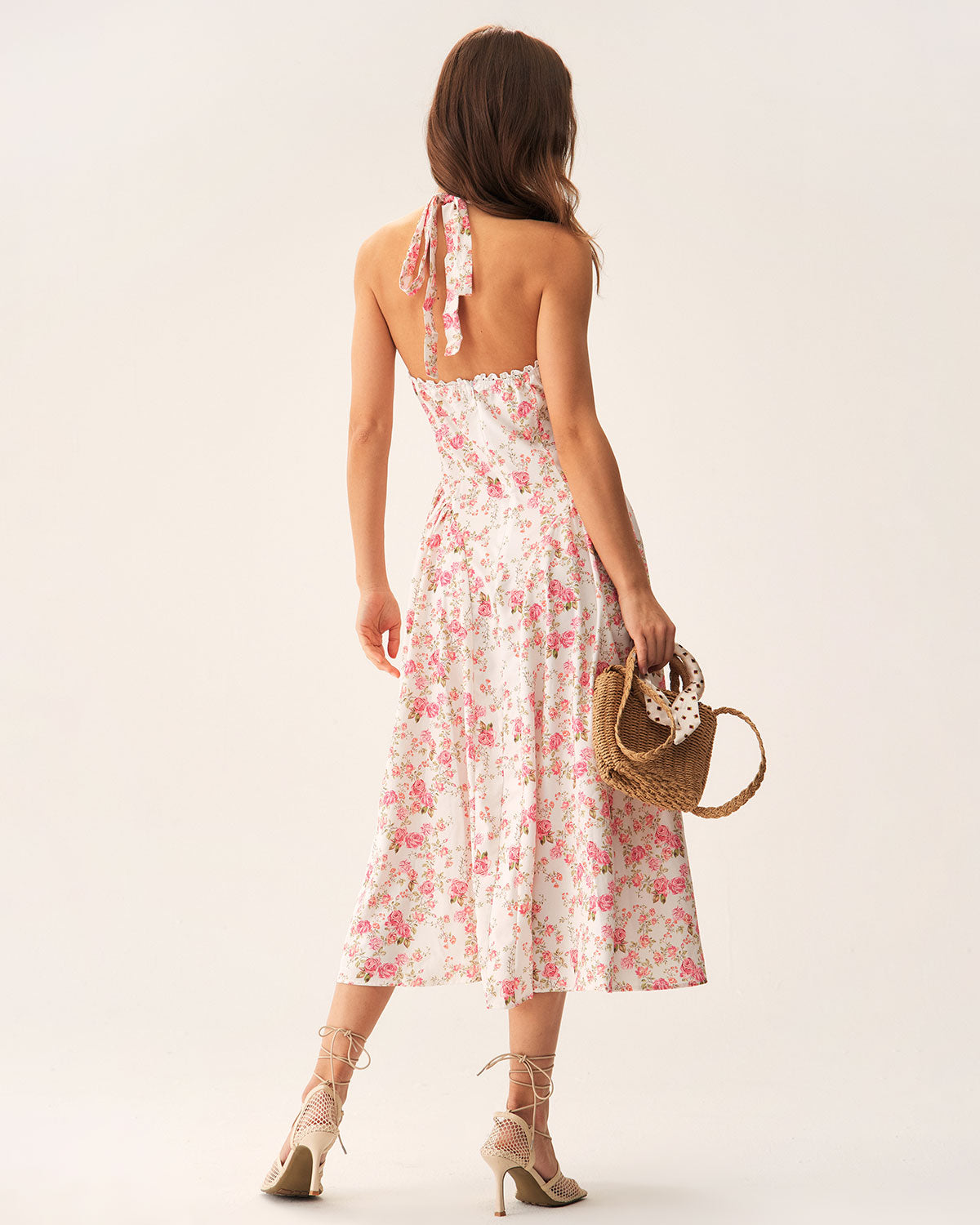 Floral Print Pink Halter Midi Dress