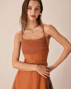 Flowy Midi Slip Dress in Caramel Mesh