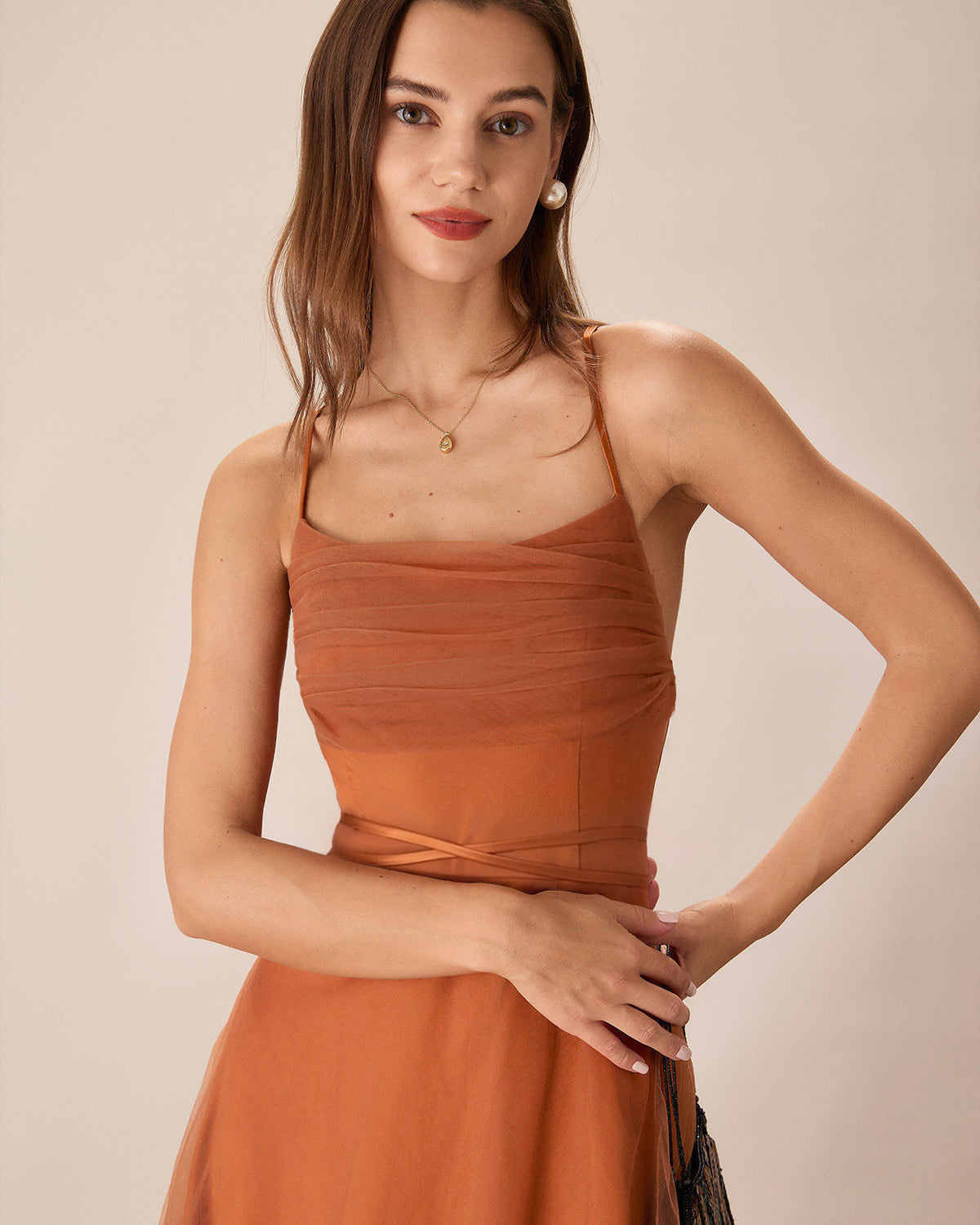 Flowy Midi Slip Dress in Caramel Mesh