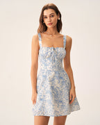 Floral Blue Ruched Corset Mini Dress