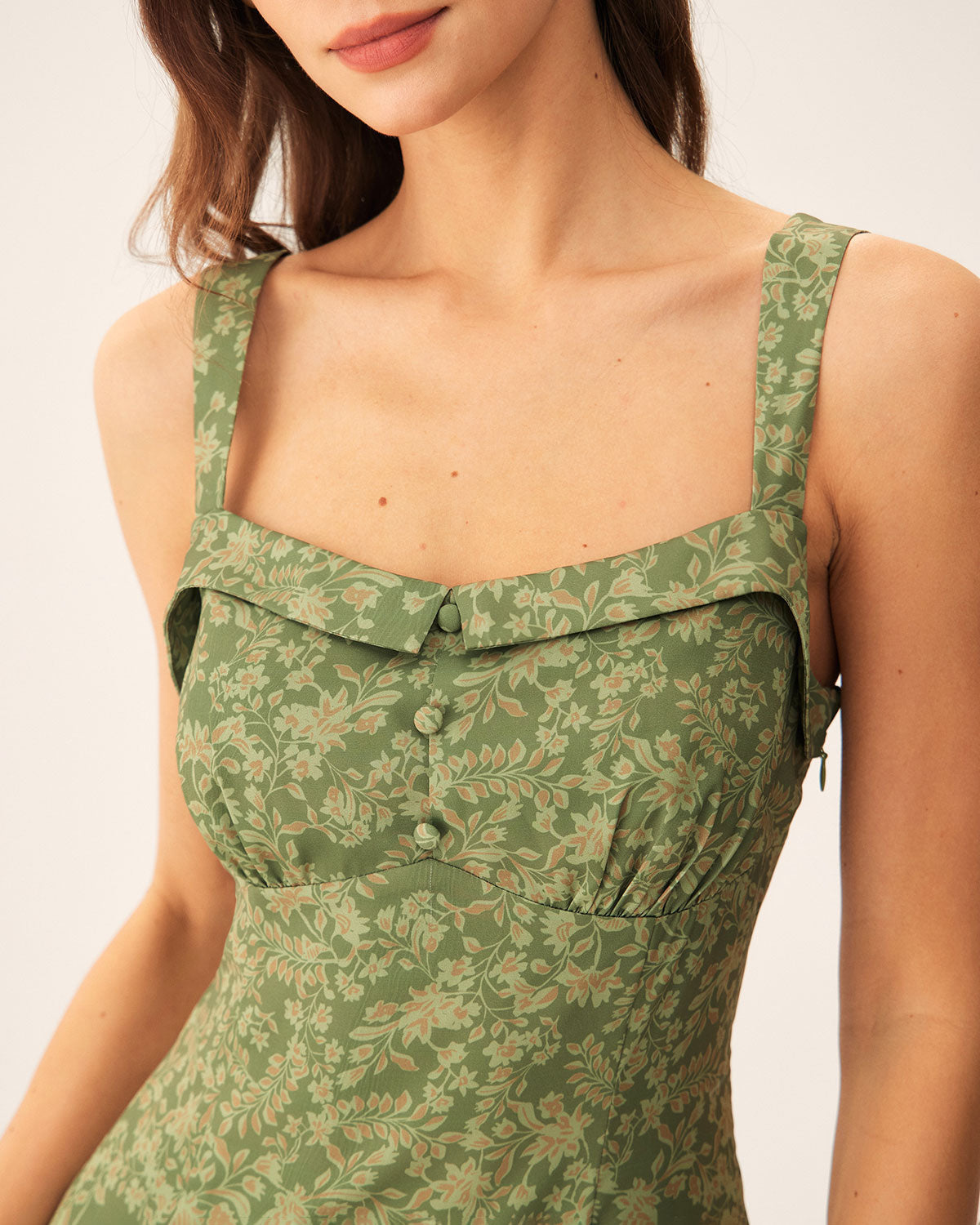 Floral Print Green Midi Dress with Square Neck