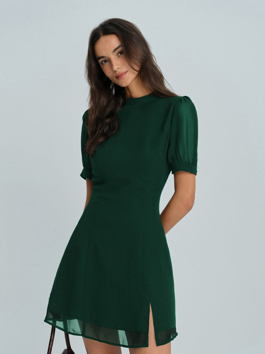 Emerald Chiffon Mock Neck Mini Dress