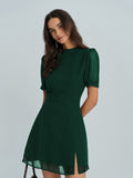 Emerald Chiffon Mock Neck Mini Dress
