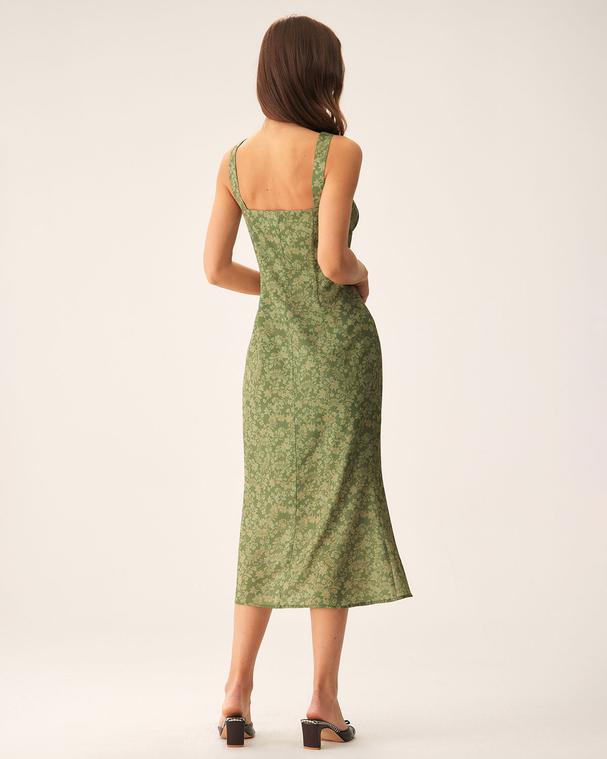 Floral Print Green Midi Dress with Square Neck