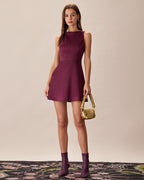 Purple Sleeveless Mini Dress with Boat Neck