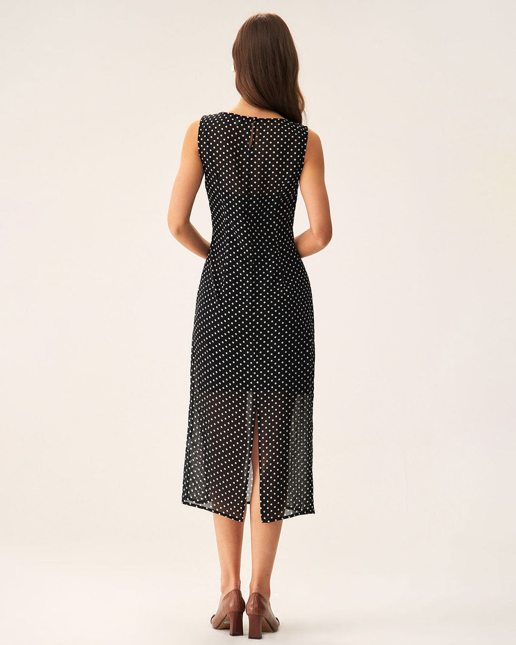 Black Midi Dress with Polka Dot Boat Neck