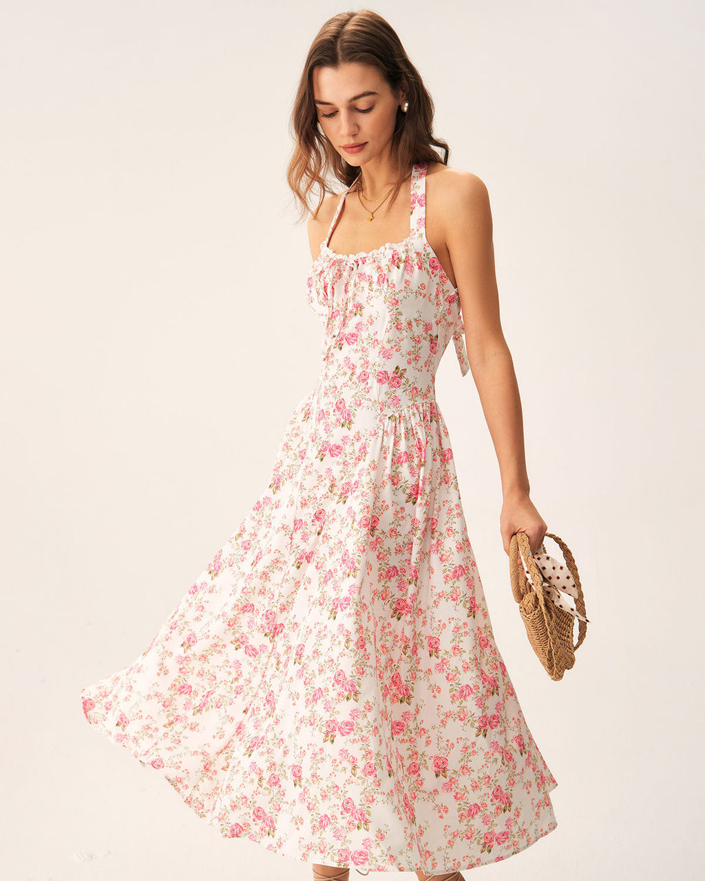 Floral Print Pink Halter Midi Dress