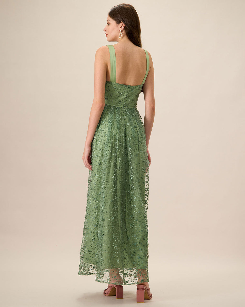 Women's Green Embroidered Mesh Maxi Slip Dress