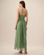 Women's Green Embroidered Mesh Maxi Slip Dress