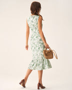 Floral Green Square Neck Midi Dress