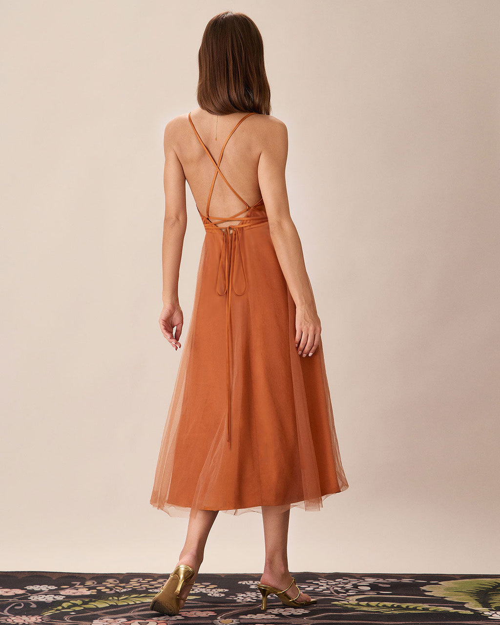 Flowy Midi Slip Dress in Caramel Mesh
