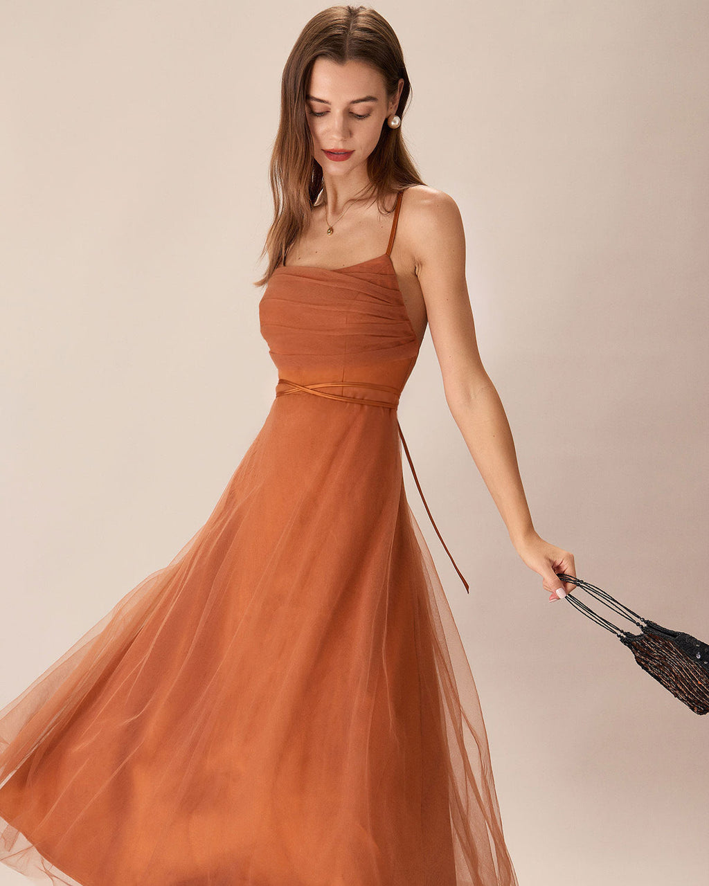 Flowy Midi Slip Dress in Caramel Mesh