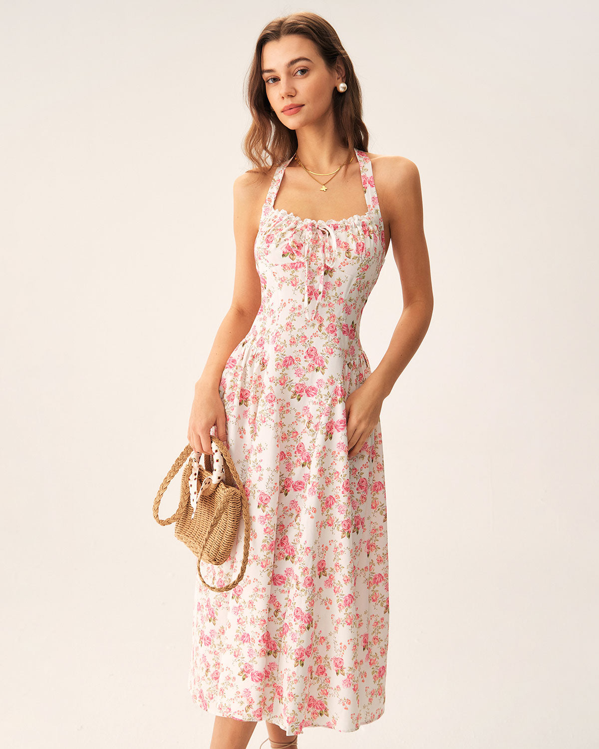 Floral Print Pink Halter Midi Dress