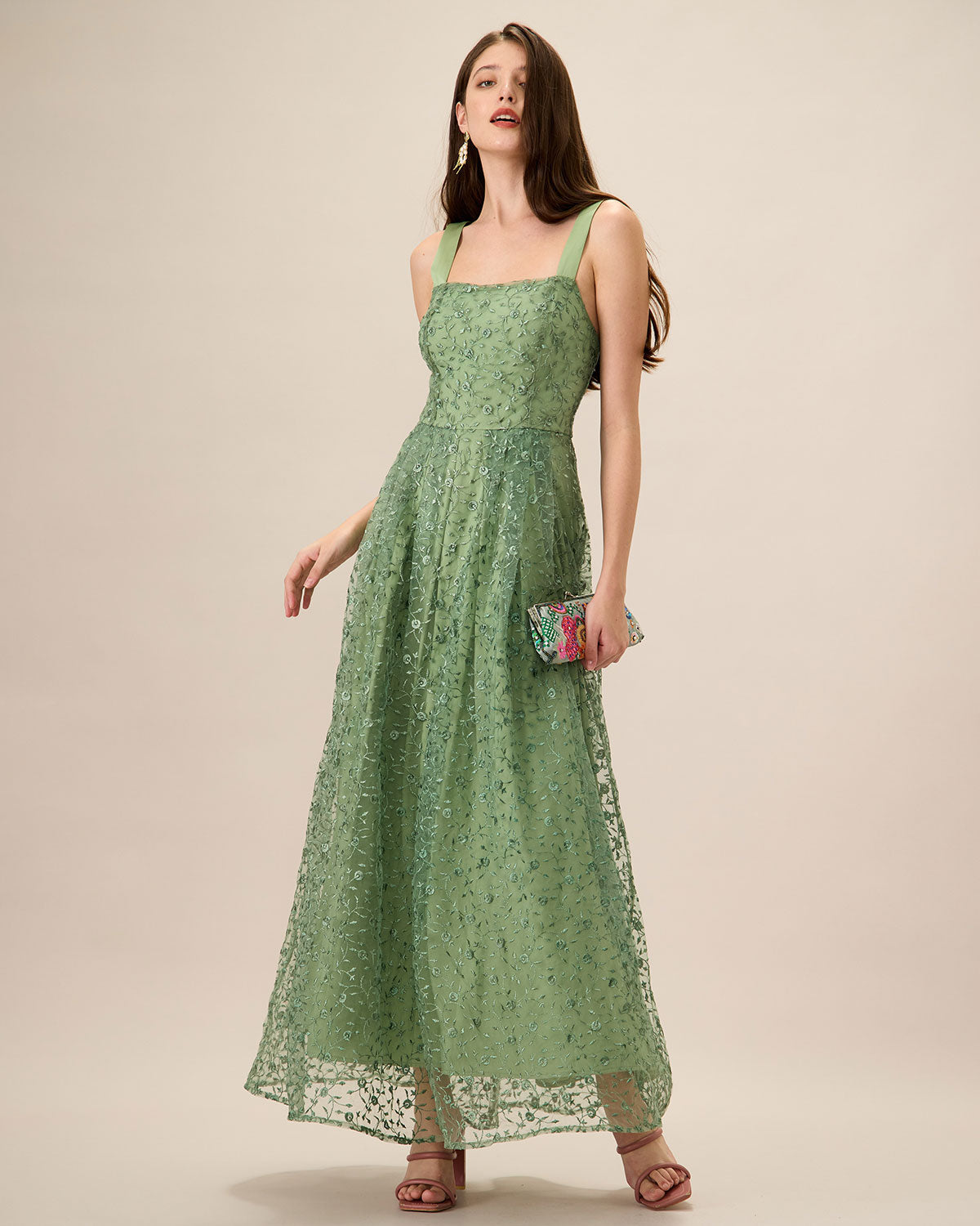 Women's Green Embroidered Mesh Maxi Slip Dress