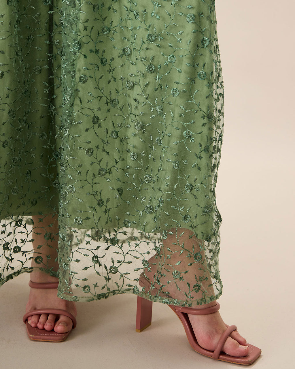 Women's Green Embroidered Mesh Maxi Slip Dress