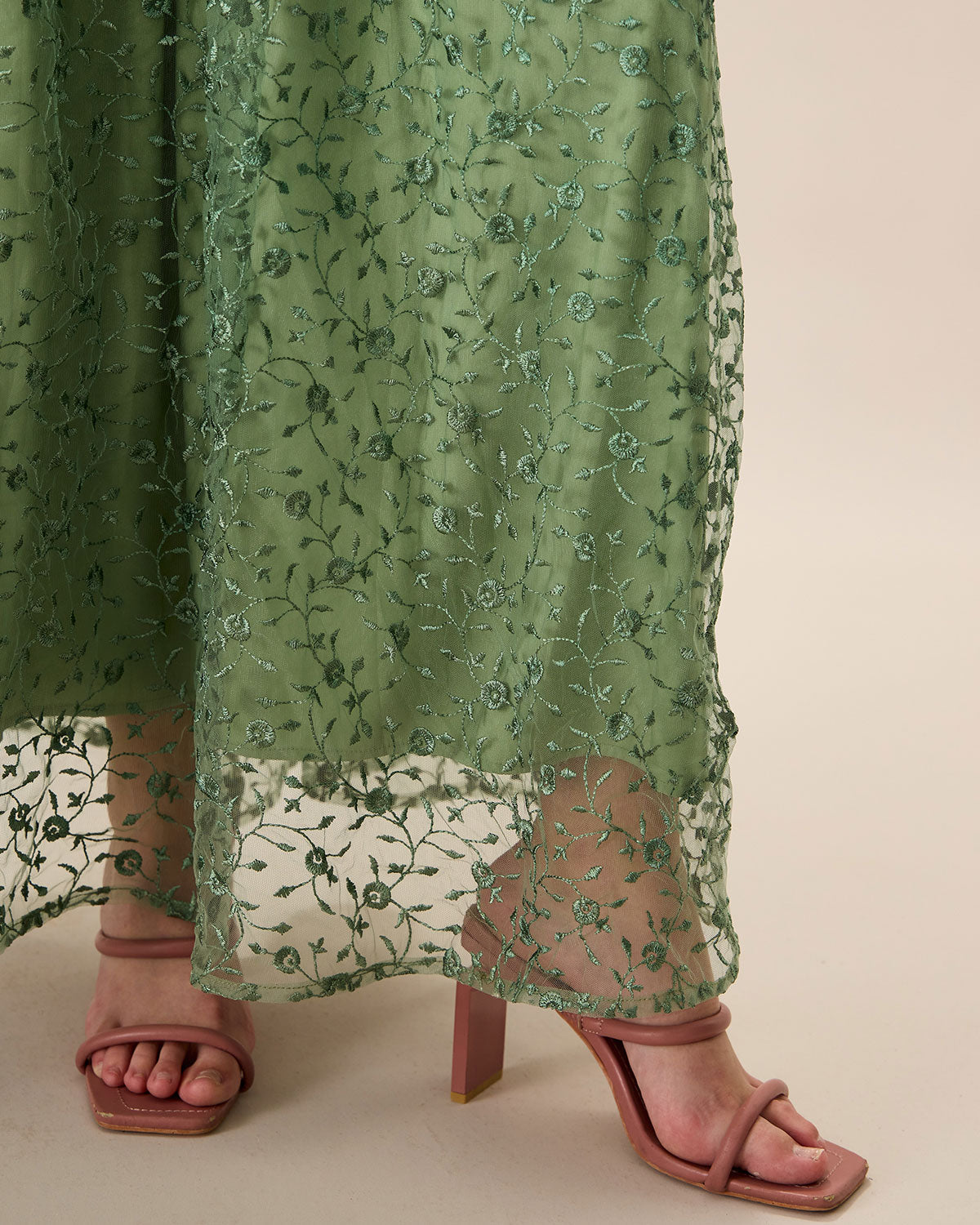 Women's Green Embroidered Mesh Maxi Slip Dress