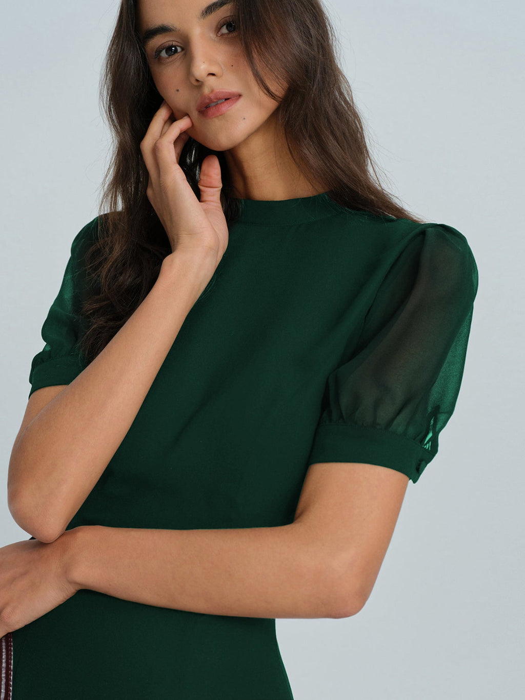 Emerald Chiffon Mock Neck Mini Dress