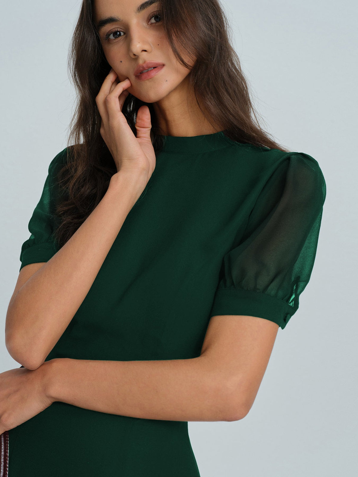 Emerald Chiffon Mock Neck Mini Dress