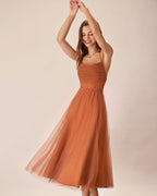Flowy Midi Slip Dress in Caramel Mesh