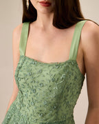 Women's Green Embroidered Mesh Maxi Slip Dress