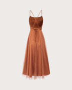 Flowy Midi Slip Dress in Caramel Mesh
