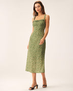 Floral Print Green Midi Dress with Square Neck